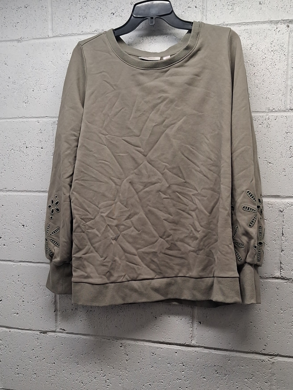 Belle By Kim Gravel Olive Green Eyelet Sleeve Pullover